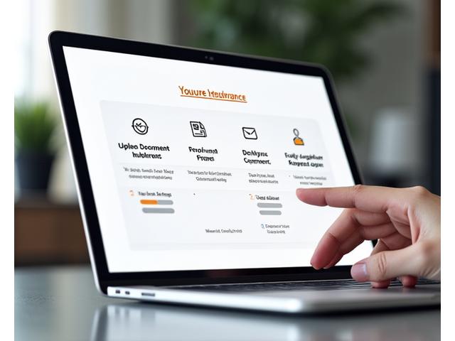 Digitální rozhraní pro online hlášení pojistné události na tabletu, s ikonami pro dokumenty a procesními kroky v pozadí