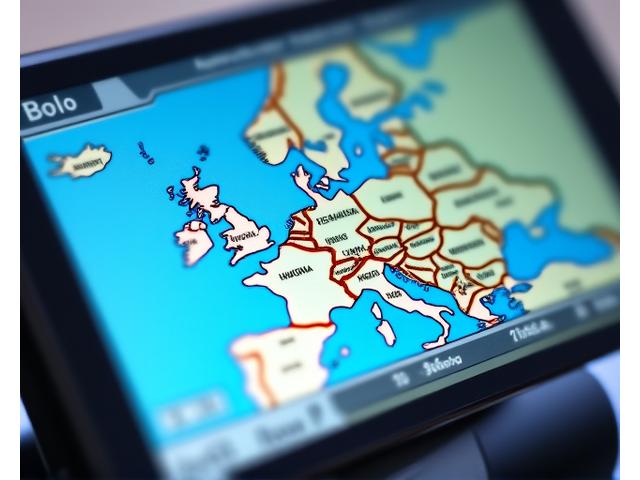 Evropská mapa zobrazená na GPS zařízení, zvýrazněná pokrytím