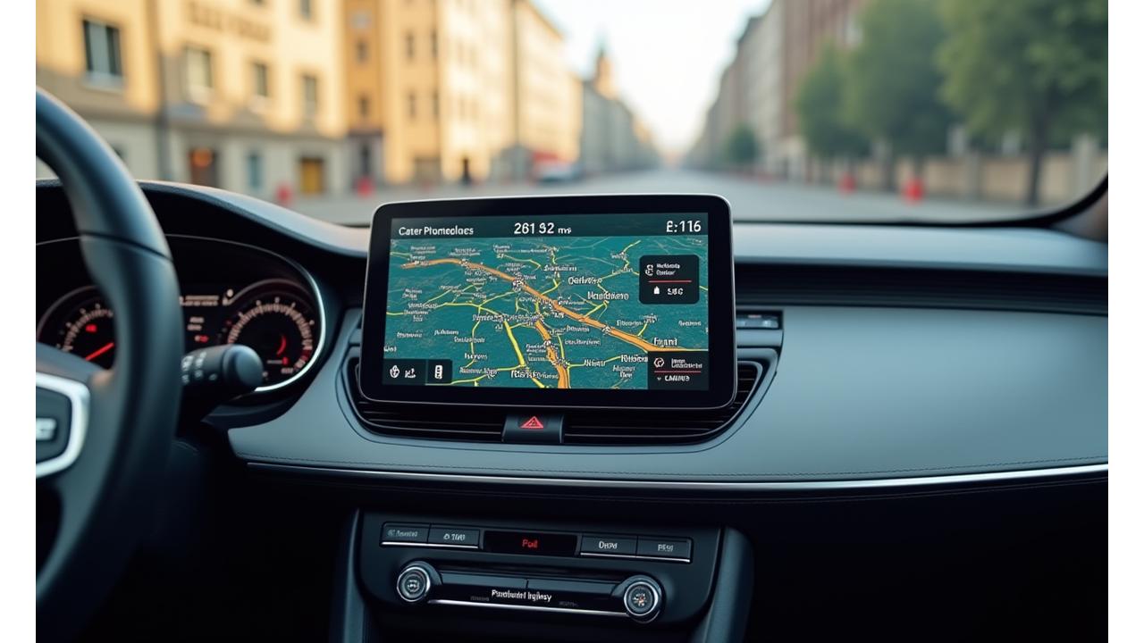 Moderní GPS navigace v interiéru vozu s vyobrazením mapy Prahy