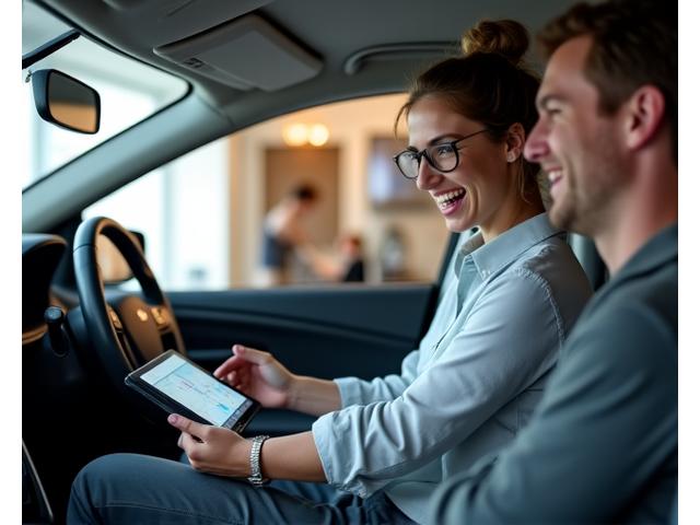 Pracovník půjčovny aut ukazuje zákazníkovi, jak ovládat GPS navigaci v autě
