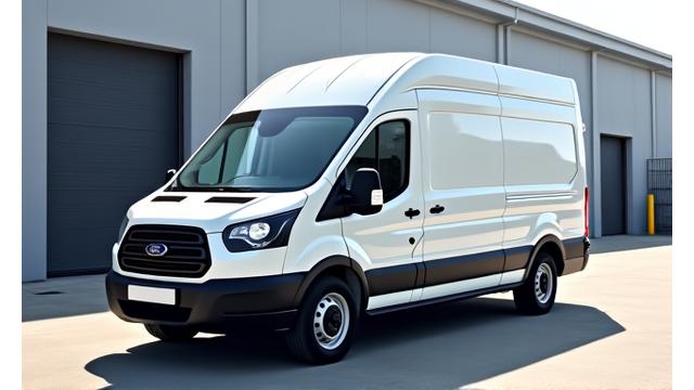 Velká bílá dodávka Ford Transit, připravená k naložení zboží.