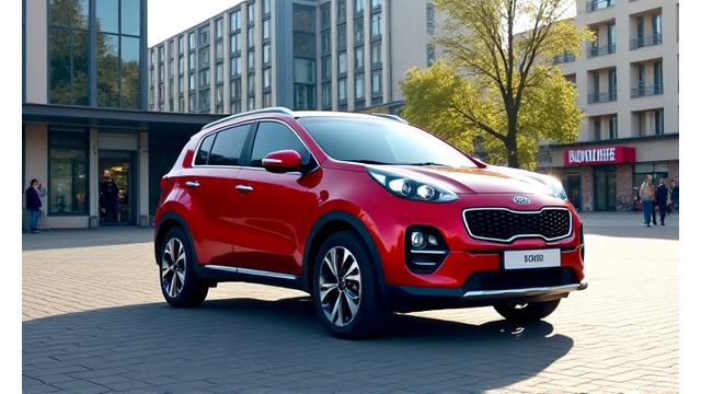 Kia Sportage SUV v moderní zástavbě s městským pozadím.