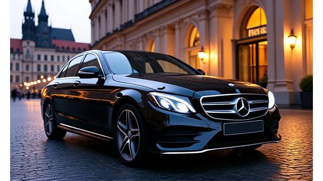 Luxusní Mercedes-Benz třídy C před historickou památkou v Praze.