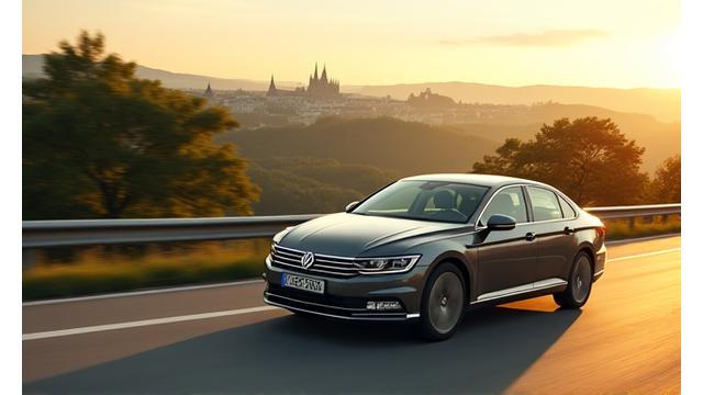 Volkswagen Passat, elegantní sedan, projíždějící historickými ulicemi Prahy.