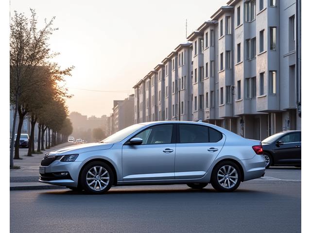 Moderní osobní automobil na předměstské silnici v denním světle.