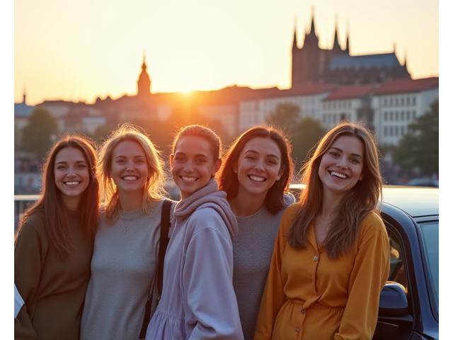 Skupina mezinárodních turistů s úsměvem stojí před půjčeným autem s pražskými památkami v pozadí