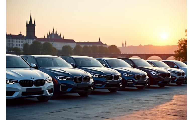 Luxusní SUV a ekonomické auto při východu slunce v Praze