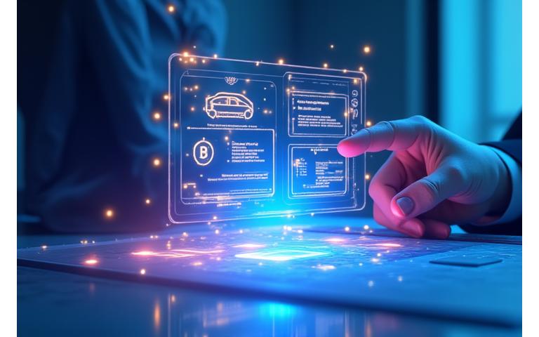 Futuristická vizualizace digitální platformy pro pronájem aut