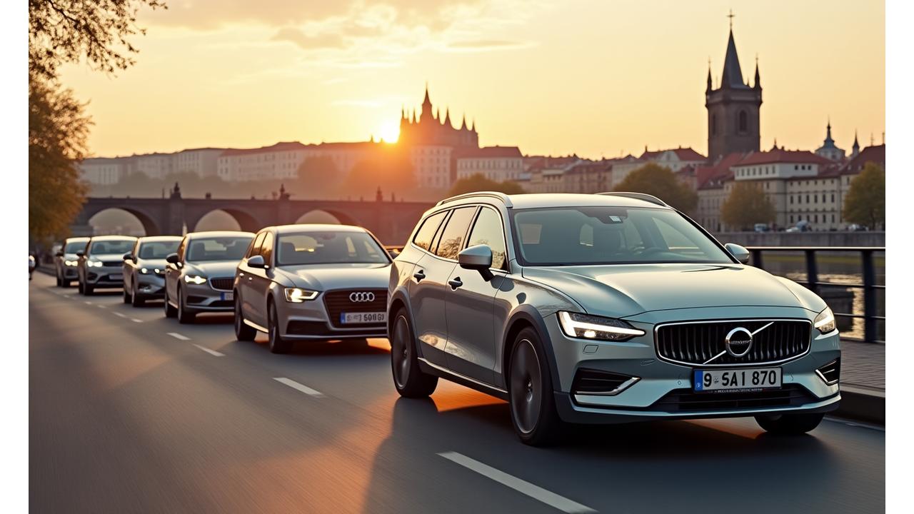 Výběr osobních automobilů s Karlovým mostem v pozadí v Praze