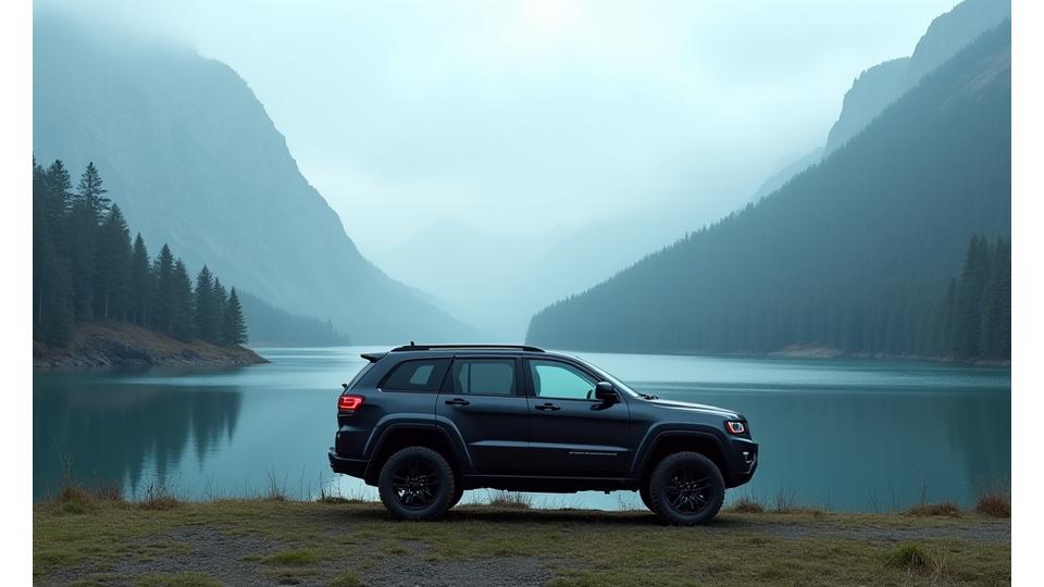 Moderní SUV zaparkované u malebného horského jezera, připravené na turistiku