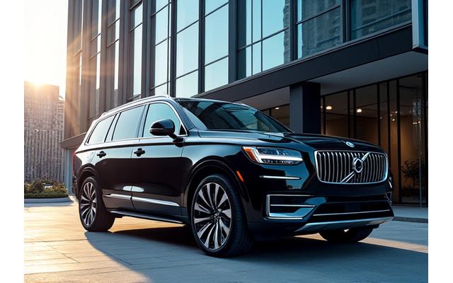 Černé luxusní SUV zaparkované před moderní kancelářskou budovou ve slunečném dni