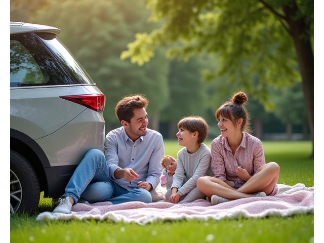 Šťastná rodina s dětmi na pikniku u moderního SUV v přírodě