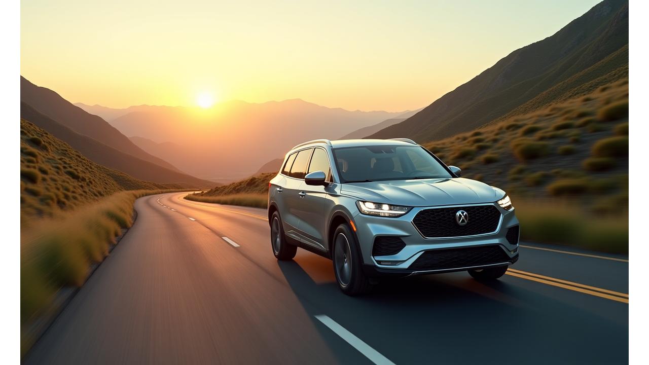 Stříbrné SUV projíždějící horskou krajinou za východu slunce, symbolizující svobodu a dobrodružství