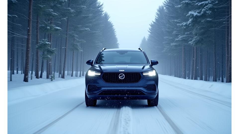 SUV projíždějící zasněženou krajinou se stromy v pozadí v zimním období