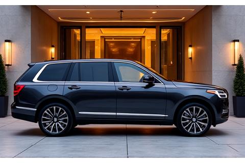 Velké SUV zaparkované před luxusním hotelem